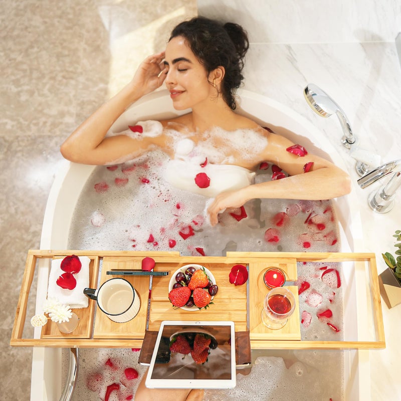 VaeFae Bamboo Bathtub Caddy Tray, Expandable Bath Tray for Tub with Upgraded Wine Slots and Book Holder - Ideal for One or Two Person Use - Image 2